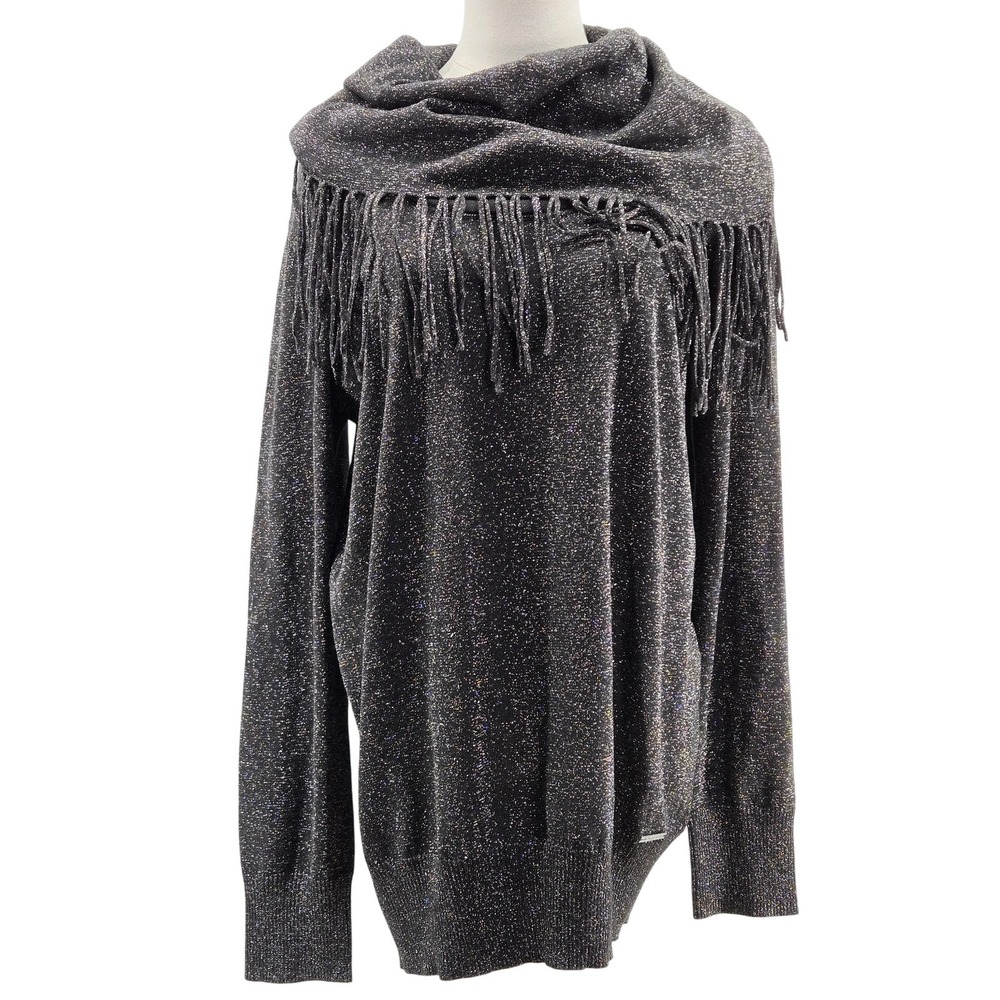 MICHAEL Michael Kors‎ Sweater Pullover Womens L Black Polyester Cowl Neck Fringe